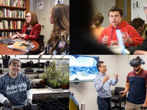  collage of four photographs.  Top Left: A faculty member advises two students, who sit to her left and right around a round table; a bookcase is against the wall.  Top Right: A student in a red hoodie, seen talking with another student in a black sweatshirt.  Bottom Left: A female student wearing an “Gives Back” t-shirt and gardening gloves smiles at the camera while standing in a greenhouse.  Bottom Right: A student wearing a virtual reality headset, with faculty members at his left and right.  A screen in the background shows the landscape that he sees in the headset.