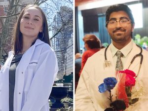 Portraits of Milly Tenenbaum, in a lab coat standing outside in New York City, and Tommy Joseph, holding a blue rose and two red roses, wearing a lab coat and tie, with a stethoscope around his neck, at his graduation.