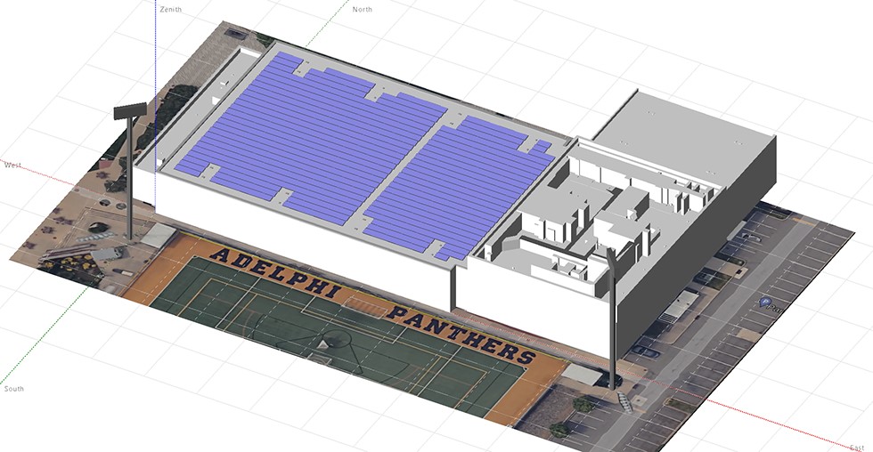 Artist rendering of a solar energy system on roof of a building. On the ground is an athletic field with the words "Panthers"