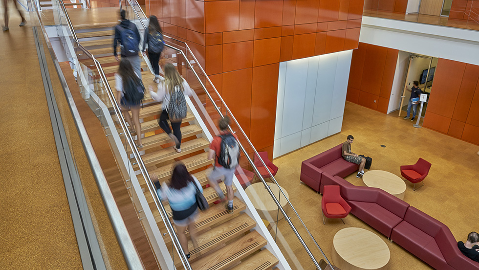 Students climb the stairs on the way to classes in the light-filled interior of Adelphi's beautiful Nexus Building.